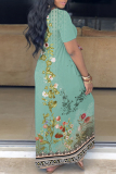 Khaki Casual Print Basic V Neck Short Sleeve Dress Dresses
