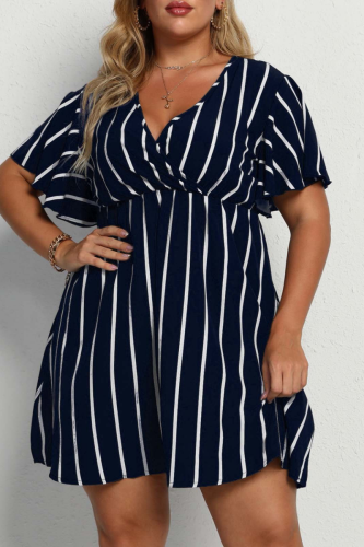 Navy Blue Casual Striped Print Patchwork V Neck Short Sleeve Dress Plus Size Dresses