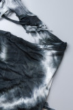 Black Casual Print Tie Dye Bandage Backless Hooded Collar Skinny Romper