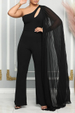Black Casual Daily Elegant Cut Out Asymmetrical Solid Color One Shoulder Regular Jumpsuits