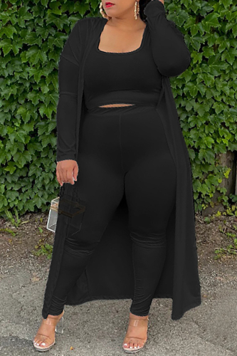 Black Casual Solid Basic U Neck Plus Size Three Piece Set