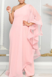 White Solid Color Sloping Shoulder Long Ruffle Sleeve Formal Party Vacation Wide Leg Jumpsuit