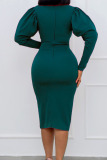 Green Casual Solid Patchwork Beading V Neck One Step Skirt Dresses