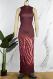 Deep Red Casual Print Basic Half A Turtleneck Long Dress Dresses