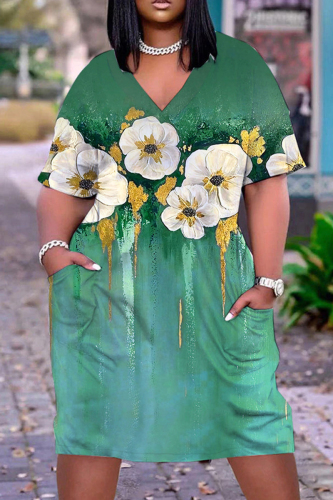 Green Casual Print Patchwork V Neck Short Sleeve Dress