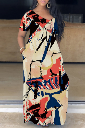 Khaki Casual Print Basic V Neck Short Sleeve Dress Dresses