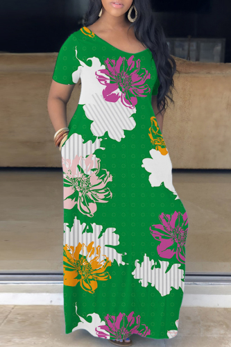 Grass Green Casual Print Basic V Neck Short Sleeve Dress Dresses