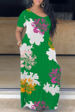 Khaki Casual Print Basic V Neck Short Sleeve Dress Dresses