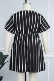 Navy Blue Casual Striped Print Patchwork V Neck Short Sleeve Dress Plus Size Dresses