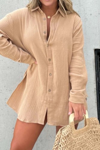 Khaki Casual Solid Patchwork Shirt Collar Long Sleeve Two Pieces