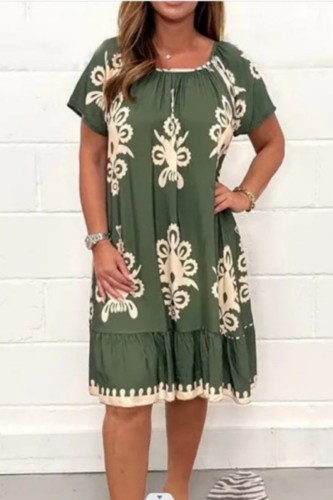 Green Casual Print Patchwork O Neck Short Sleeve Dress