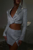 Silver Elegant Solid Patchwork Buttons Slit Bright Silk Turn-back Collar Long Sleeve Two Pieces