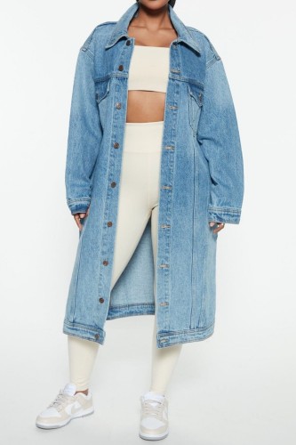 Sky Blue Casual Solid Patchwork Turndown Collar Long Sleeve Regular Denim Jacket