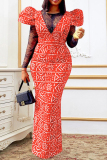 Red Casual Print Patchwork See-through O Neck Long Dress Dresses