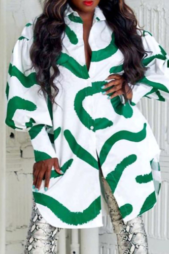 Green Fashion Casual Print Basic Turndown Collar Long Sleeve Shirt Dress
