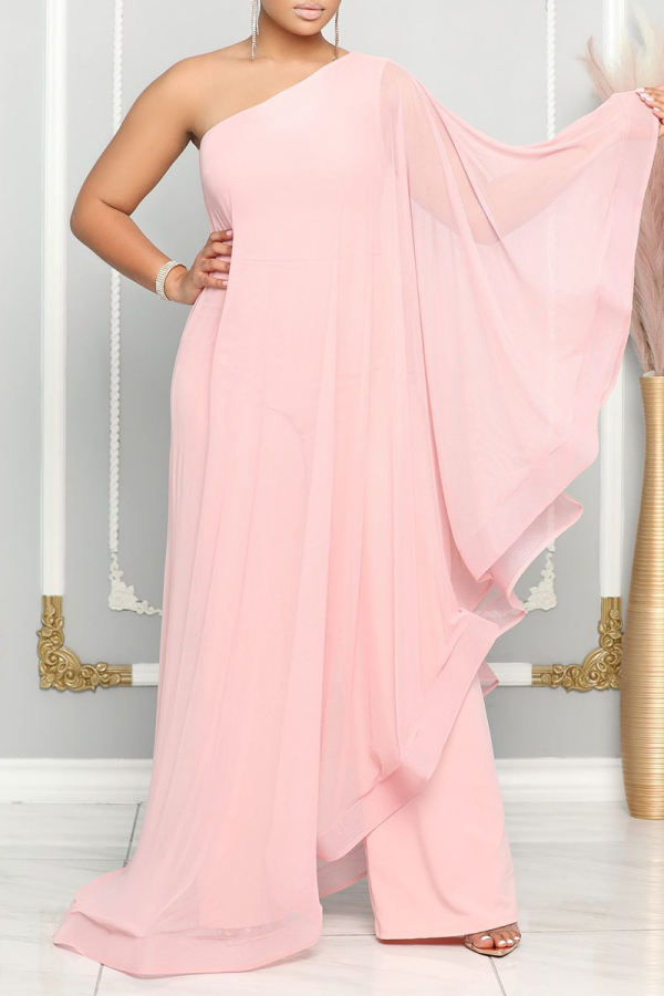Pink Solid Color Sloping Shoulder Long Ruffle Sleeve Formal Party Vacation Wide Leg Jumpsuit