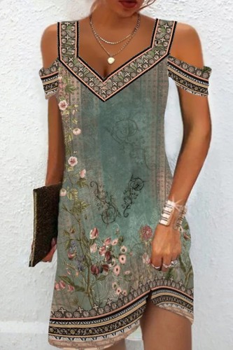Green Casual Print Patchwork V Neck Short Sleeve Dress