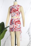 Pink Sexy Print Patchwork Draw String Fold Half A Turtleneck Sleeveless Two Pieces