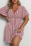 Army Green Casual Striped Print Patchwork V Neck Short Sleeve Dress Plus Size Dresses