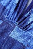 Blue Casual Print Patchwork V Neck Regular Jumpsuits