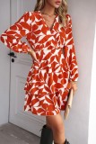 Brown Casual Print Patchwork V Neck Long Sleeve Dresses