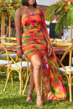 Orange Floral Print One Shoulder Caped Ruched Garden Party Vacation Bodycon Mini Dresses
