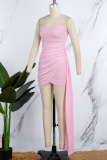 Pink Sexy Tassel Backless Fold Mesh Strapless One Step Skirt Dresses