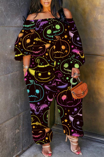 Halloween Costume Colour Skeleton Print Off Shoulder Long Sleeve Plus Size Wide Leg Jumpsuit