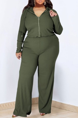 Army Green Casual Solid Patchwork Hooded Collar Plus Size Three Piece Set