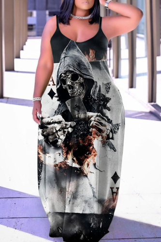 Grey Halloween Skull Flower Print Floor Length Sleeveless  Plus Size Loose Maxi Slip Dress