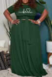 Green Casual Bandage O Neck Plus Size Two Pieces