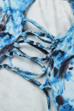 Blue Sexy Print Hollowed Out Backless Strapless Sleeveless Two Pieces