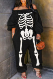 Halloween Costume Black Casual Print Backless Off the Shoulder Regular Jumpsuits