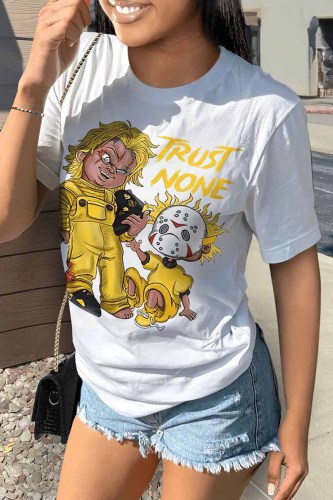 White Casual Print Letter O Neck T-Shirts