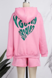 Pink Casual Print Basic Hooded Collar Long Sleeve Two Pieces