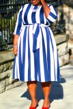 Blue Casual Striped Print Patchwork O Neck Plus Size Dresses