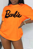 Red Street daily printed patchwork alphabet Barbie O-neck T-shirt