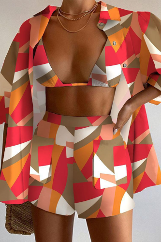 Red Orange Casual Print Patchwork Pocket Buttons Turndown Collar Three Quarter Two Pieces(Three Pieces)