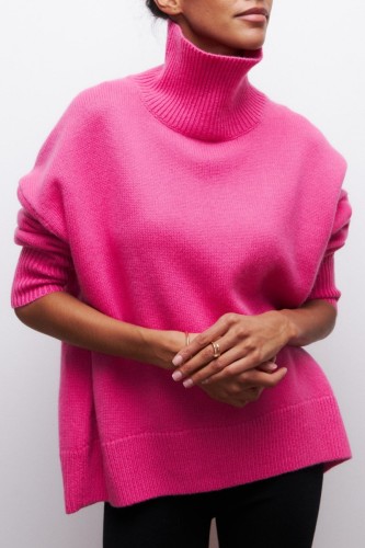 Rose Red Casual Solid Basic Turtleneck Tops
