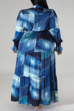 Royal Blue Casual Print Patchwork Buckle Flounce Turndown Collar Shirt Dress Plus Size Dresses(With Belt)