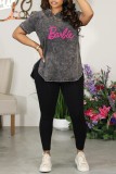 Dark Gray Casual Letter Print Basic O Neck Short Sleeve Two Pieces