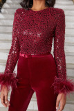 Burgundy Fashion Sexy Solid Patchwork Feathers Beading O Neck Straight Jumpsuits