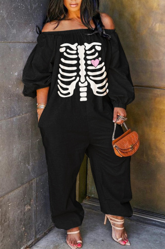 Halloween Costume Black Skeleton Print Off Shoulder Long Sleeve Plus Size Wide Leg Jumpsuit