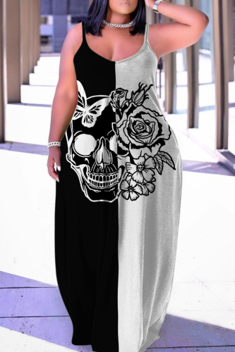 Black Gray Halloween Skull Flower Print Floor Length Sleeveless  Plus Size Loose Maxi Slip Dress