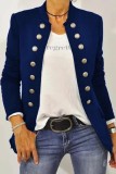 Navy Blue Casual Solid Cardigan Mandarin Collar Outerwear