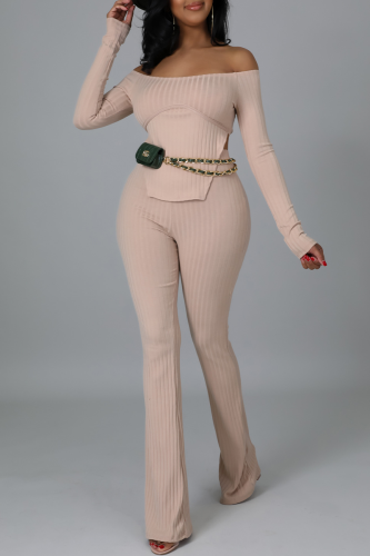 Apricot Sexy Solid Patchwork Backless Off the Shoulder Long Sleeve Two Pieces
