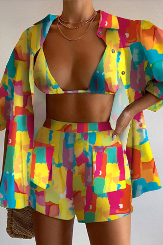 Yellow Casual Print Patchwork Pocket Buttons Turndown Collar Three Quarter Two Pieces(Three Pieces)