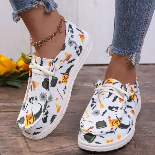 Halloween White Skull Pumpkin Print Canvas Sneakers Round Comfortable Shoes