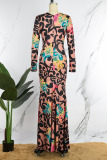 Khaki Casual Print Patchwork V Neck Long Dress Dresses