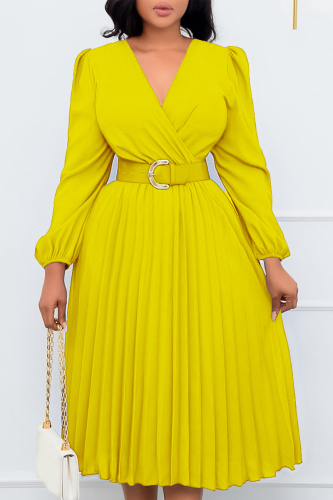 Yellow Casual Solid Patchwork Fold V Neck Waist Skirt Dresses(With Belt)